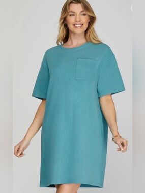 Teal Short Sleeve Shift Dress with front Pocket